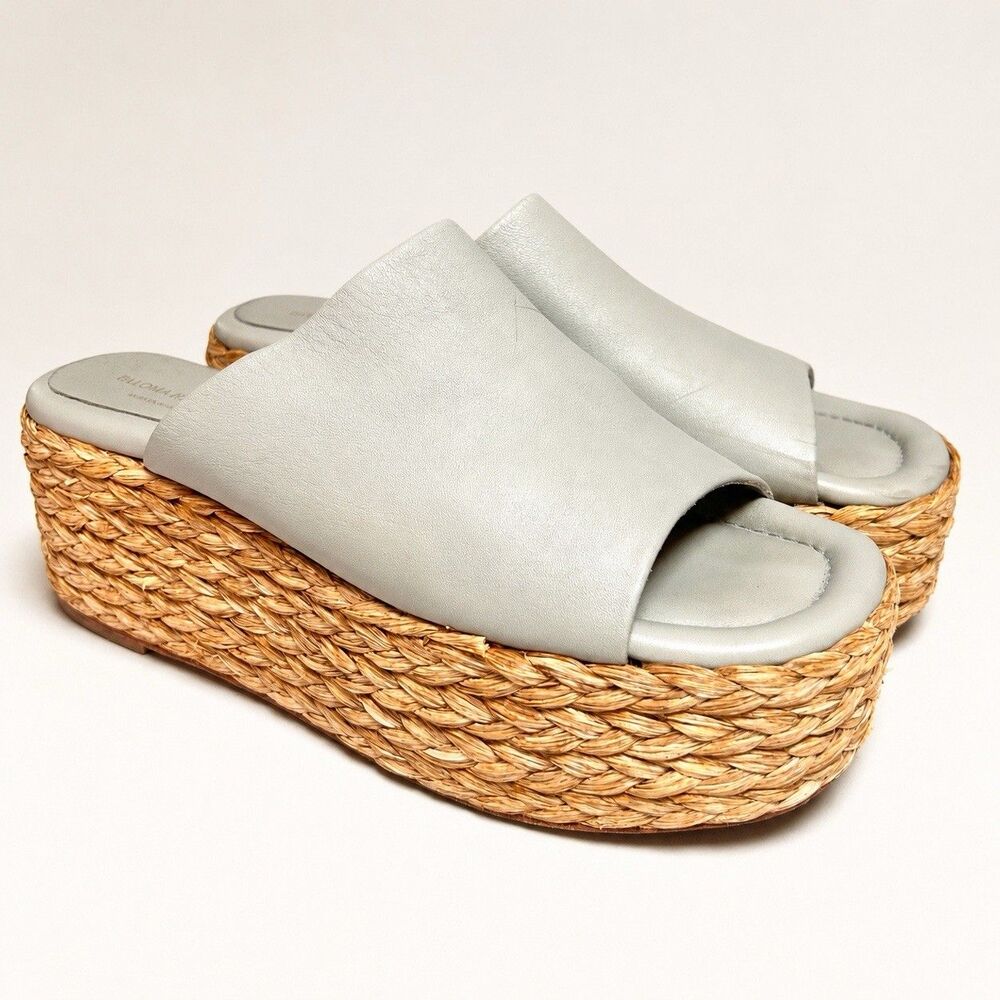 Paloma Barcelo Aryn Platform Slide Sandals Jadite Green Raffia Leather EU 40
